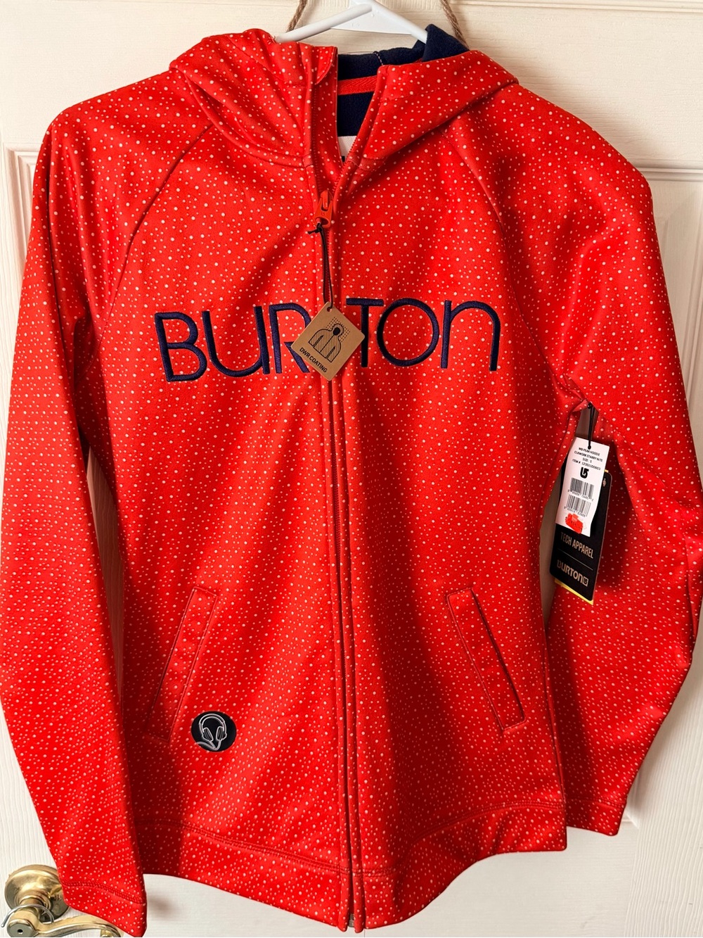 Burton Womens Orange and Navey Hooded Zip-Up Puffer Jacket with Micro Dot Print